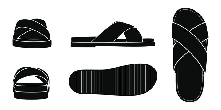 Set of black summer flip flop sandal silhouettes on transparent grid background.