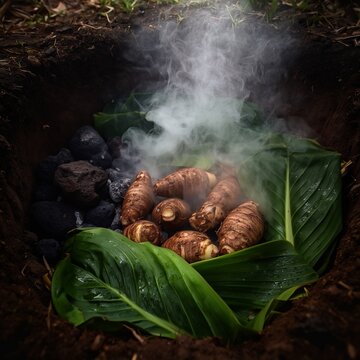 Traditional underground oven cooking root vegetables in earth steaming leaves