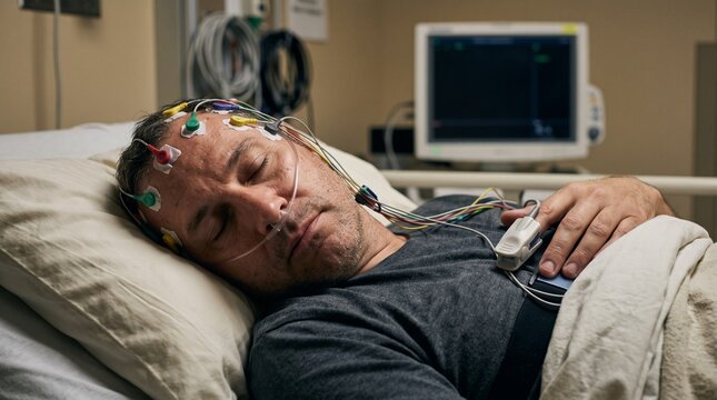 Man undergoing sleep study with electrodes attached to head and pulse oximeter on finger