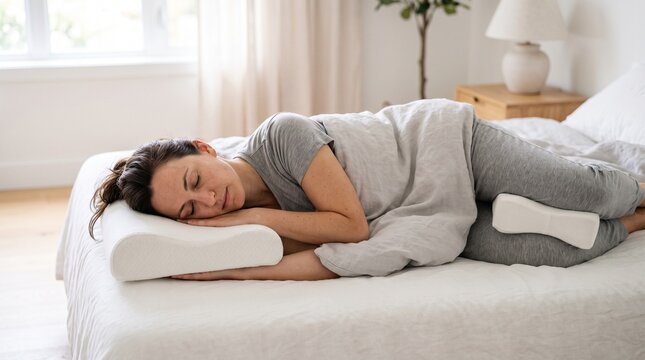 Woman sleeping comfortably in bed with orthopedic pillows for neck and knee support
