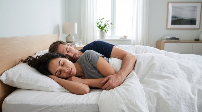 Couple Sleeping Peacefully in Bed Embracing Each Other Under White Duvet in Bright Bedroom