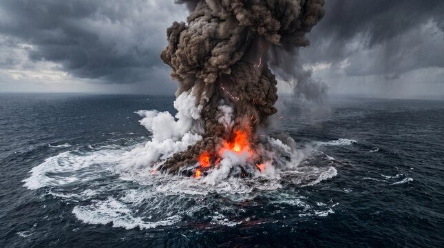Volcanic eruption spews ash and lava into the stormy ocean creating a dramatic natural spectacle