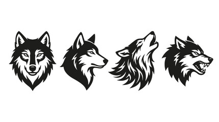 Obraz premium Detailed vector illustration set featuring four different wolf head designs with sharp black ink strokes