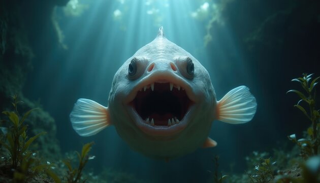 Funny blobfish swims underwater. Deep sea creature with gaping mouth and sharp teeth. Marine life in dark ocean abyss with sun rays penetrating water.
