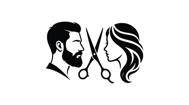 Minimalist black vector illustration showing a bearded man and a woman beside professional sharp scissors