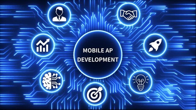 mobile ap development icon surrounded by smaller icons for ai manufacturing strategy. A glowing neon, and manufacturing process management all connected in a digital circuit like pattern, 4k video 