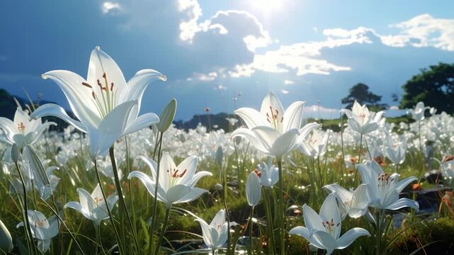Field of white lilies bathed in sunlight under a partly cloudy sky