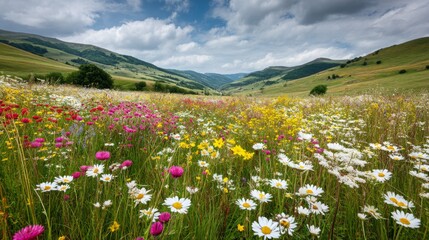 Fototapeta premium Beautiful Scenic Landscape of Colorful Wildflower Meadow with Mountains and Blue Sky Under Soft White Clouds in Spring or Summer Season