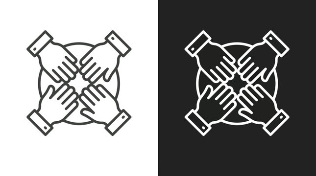 Minimalist vector illustration showing four hands joined together in a circle for corporate team unity