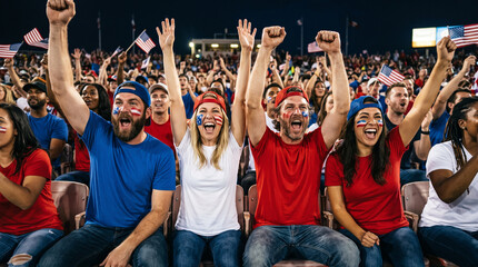 Fototapeta premium Excited american soccer fans with flag face paint celebrating in stadium