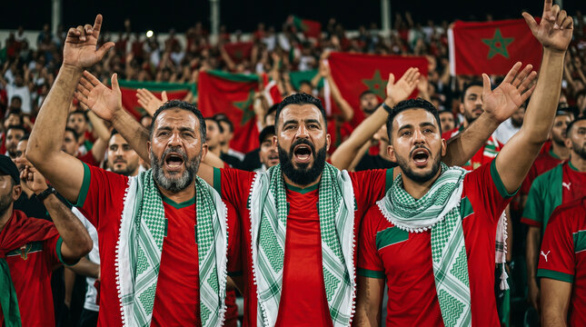 Passionate moroccan football fans cheering with flags in crowded stadium at night