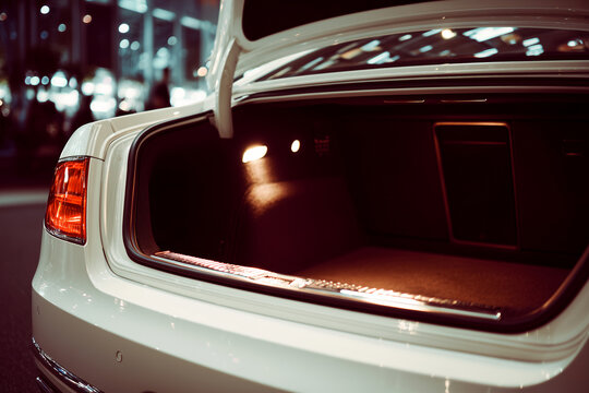 An open empty car trunk of a luxury white sedan with warm built in illumination light at night on a blurred city street background