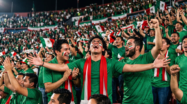 Passionate mexican football fans cheering with flags in crowded stadium at night