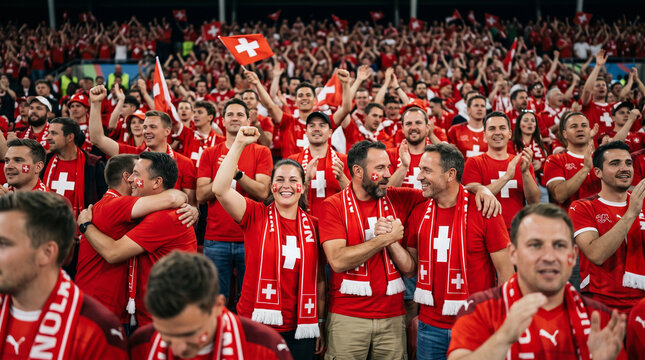 Passionate swiss football fans celebrating in crowded stadium during night match