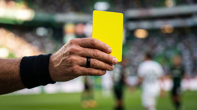 Referee hand holding yellow card during football match in stadium