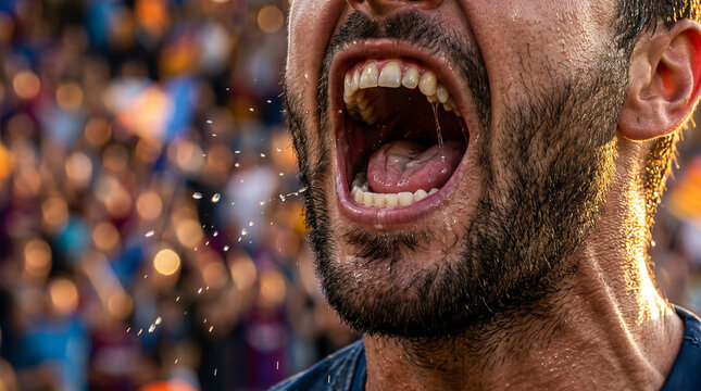 Extreme close up of passionate male football fan screaming in stadium crowd