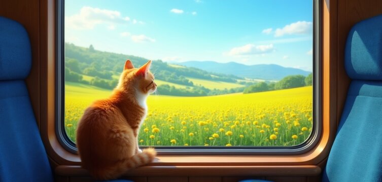 Ginger cat sits on train window sill looking at yellow flower field and green hills. Blue sky with clouds above. Animal enjoys scenic journey during daytime.