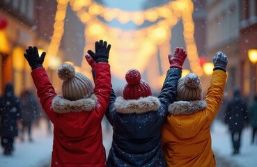 Fototapeta premium Three kids wearing winter coats and hats wave arms up. Snowy street with blurred lights creates festive mood. Children enjoy winter wonderland celebration and holiday spirit.