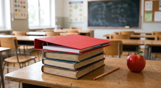 Stack of books with red folder and apple on wooden desk in classroom. Back to school concept. Education and learning environment with empty chairs and chalkboard in background.