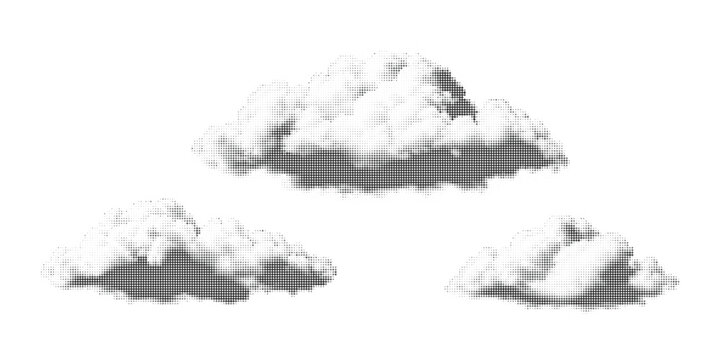 Set of isolated dark clouds with halftone dot texture effect on transparent grid.