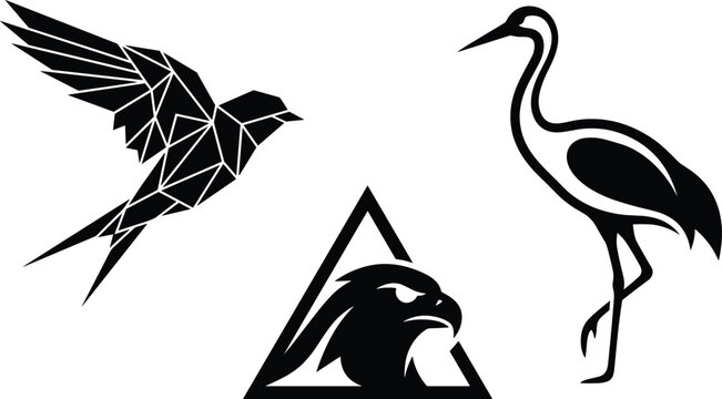 Geometric Bird and Crane Silhouette Set with Polygon Eagle Head Triangle Badge for Modern Wildlife Vector Illustration Design