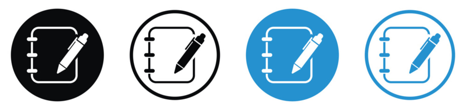 Spiral notepad and pencil icons in flat black and blue styles. Clean minimalist graphics for sketching, tasks, and creative design.