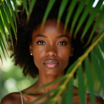 Young african american woman face portrait. Natural beauty, healthy skin, rich green palm leaves background. Freshness glow, tropical vibe. Pure cosmetic care.