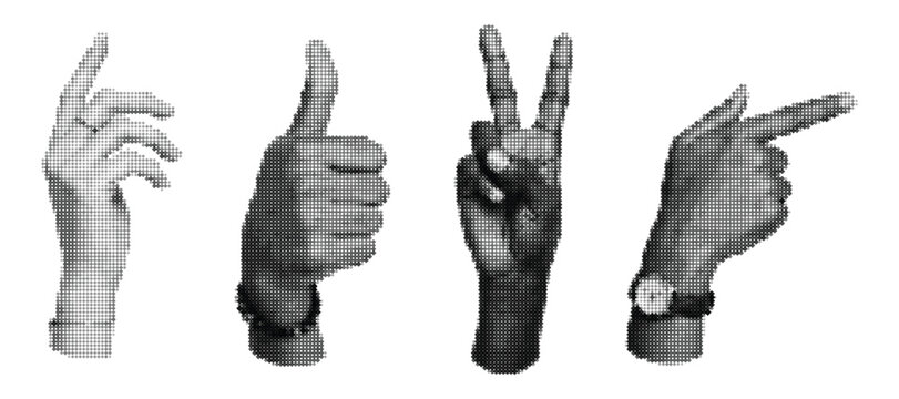Set of four different hand gestures showing various human emotions and signs