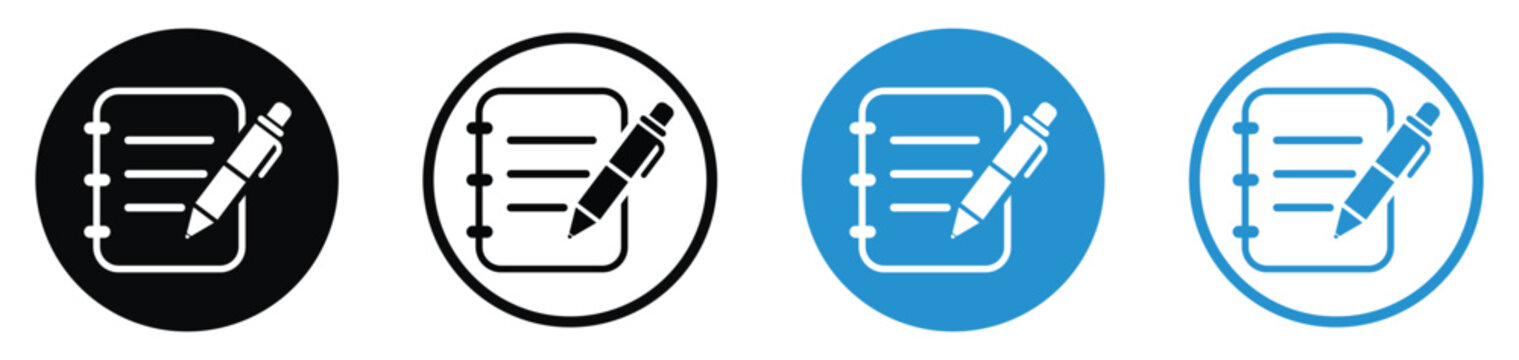 Spiral notepad and pencil icons in flat black and blue styles. Clean minimalist graphics for sketching, tasks, and creative design.