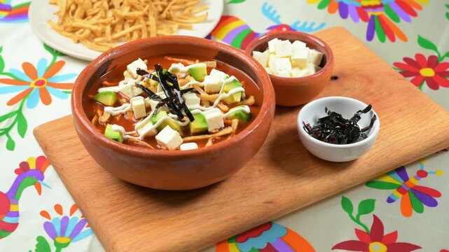 Close-up of Aztec soup with accompanying ingredients, cubed cheese and fried strips of pasilla chile, served on a table with a Mexican tablecloth