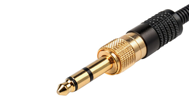 Gold plated metallic audio jack adapter plug isolated on a transparent background
