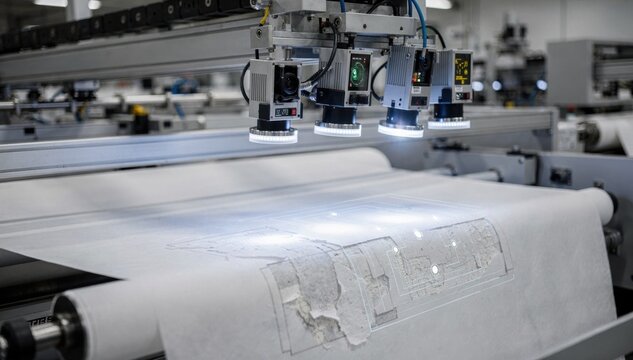 Medium shot showing nonwoven fabric moving under a hightech camera inspection system detecting structural inconsistencies and marking imperfections efficiently.