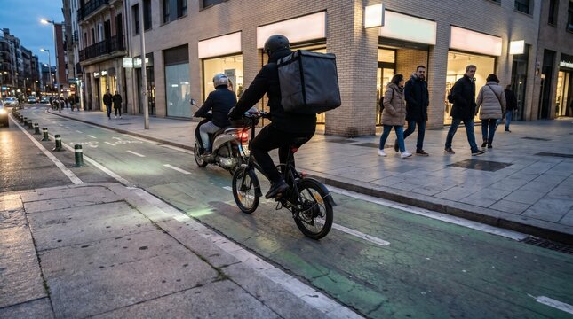 Compact E Bike Courier Passing Scooter Rider On Protected Cycle Track