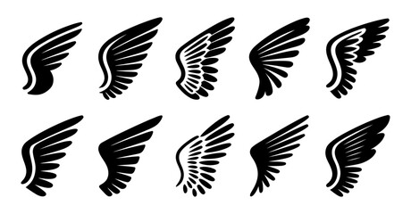 Obraz premium Collection of ten stylized black vector wing icons, representing flight, freedom, and angelic concepts, perfect for logos and graphic design projects.