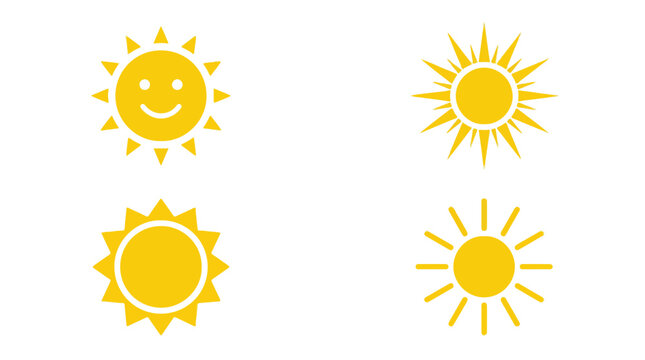 Bright and cheerful yellow sun icons with smiling faces and radiant beams for weather or happiness themes