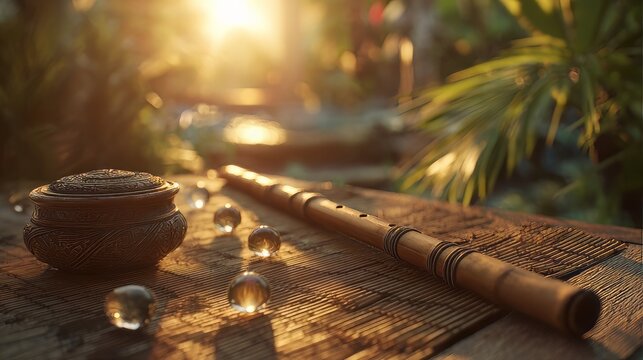 Wooden flute on a mat with golden sunlight