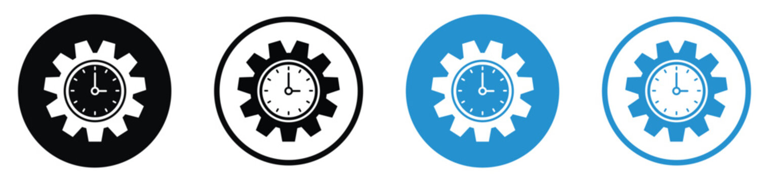 Time management and efficiency icon set featuring a clock inside a gear wheel. Vector sign for workflow optimization, productivity, and progress.