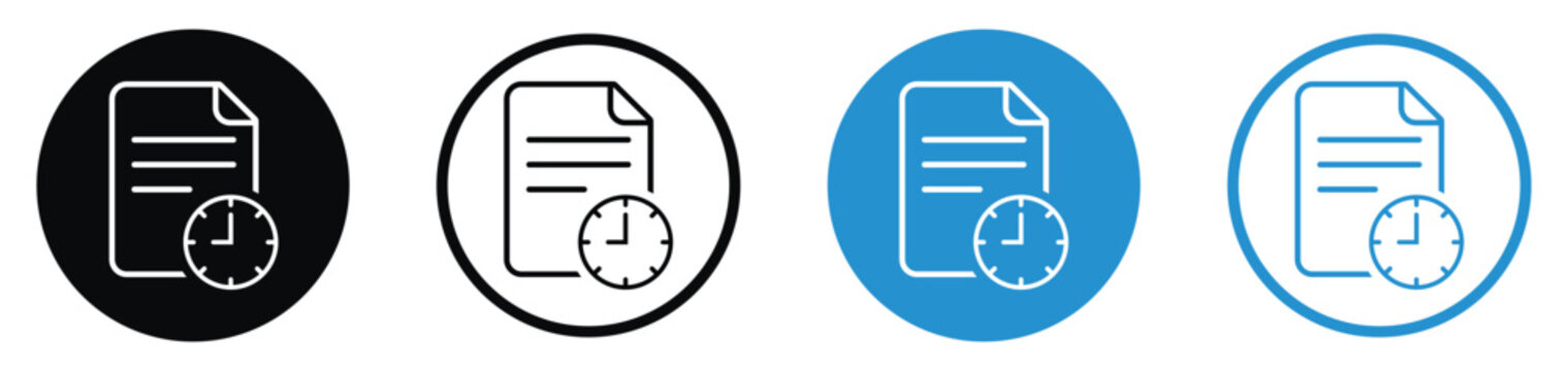 Time management document icon set with a clock and sheet of paper, symbol for history, deadline, or pending task log.