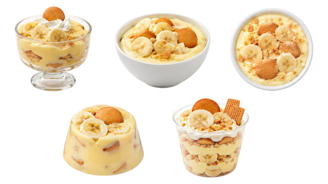 Assortment of creamy banana puddings with sliced bananas and vanilla wafer cookies served in assorted bowls and cups