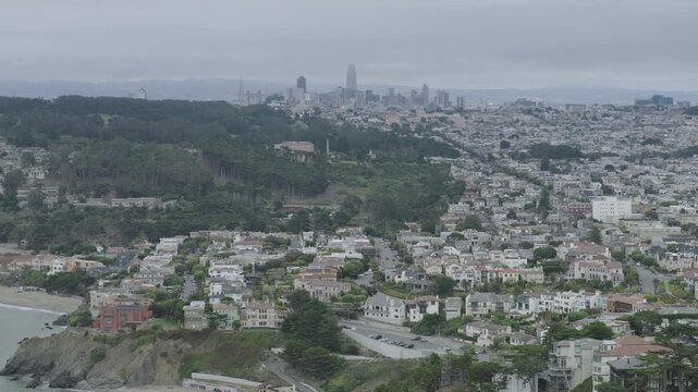 San Francisco Coastal Neighborhood and Beach Aerial Shot On Overcast Day