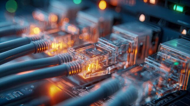 Close-up of network ethernet cables connected to server switch with glowing orange LED lights, computer network cable, network hub and patch cables, fiber optic cables, close up of a network cable