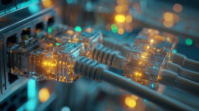Close-up of network ethernet cables connected to server switch with glowing orange LED lights, computer network cable, network hub and patch cables, fiber optic cables, close up of a network cable