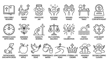 Fototapeta premium Fruit of the Spirit and Christian Virtues Icon Set with Labels – Bible Fruits, Character Traits and Faith Practices in Black Line Art