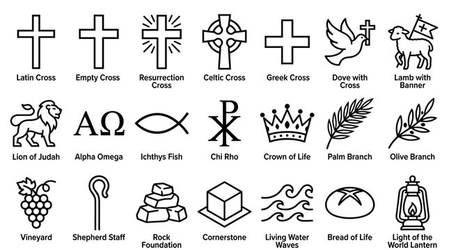 Christian symbols and biblical icons set, detailed outline style vector illustrations of religious emblems, crosses, and spiritual motifs in minimalist linear style.
