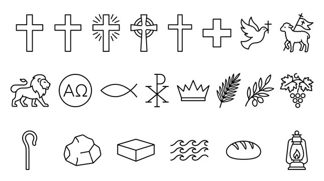 Christian symbols and biblical icons set, detailed outline style vector illustrations of crosses, religious emblems, and spiritual motifs in minimalist linear style.
