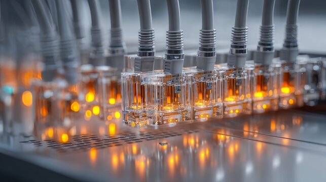 Close-up of network ethernet cables connected to server switch with glowing orange LED lights, computer network cable, network hub and patch cables, fiber optic cables, close up of a network cable
