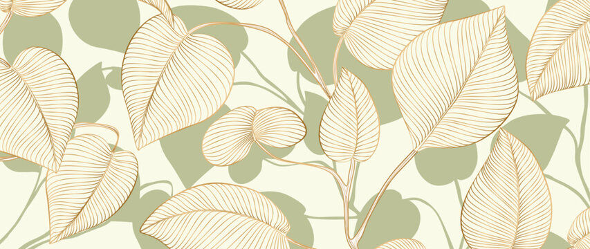 Luxury botanical art background with hand-drawn line art leaves on a branch. Natural banner for decor, prints, textiles, posters, packaging, wallpaper, and interior design.