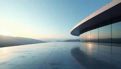 Fototapeta premium Modern building with glass facade overlooks hazy mountains at sunrise. Wide concrete patio reflects clear sky, distant peaks. Open terrace offers expansive view. Minimalist architecture stands
