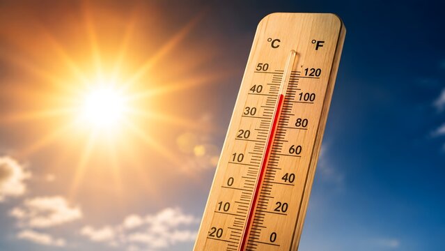 Extreme heatwave and global warming concept shown by a wooden thermometer displaying high temperatures against a bright glaring summer sun.
