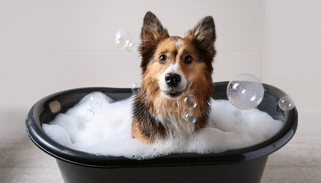 dog taking a bubble bath canine is in the bathtub filled with foaming bubbles